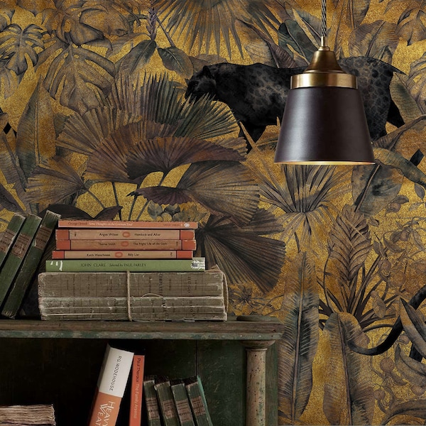 Tropical Wallpaper, Vintage Tropical Leaves and Panther Wall Mural, Peel & Stick, Removable, Triditional Wallpaper