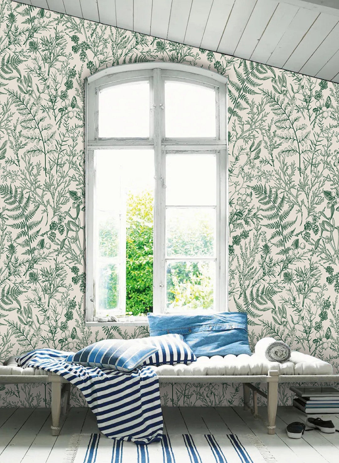 Green Botanical Plants Wallpaper, Peel & Stick, Removable, Triditional
