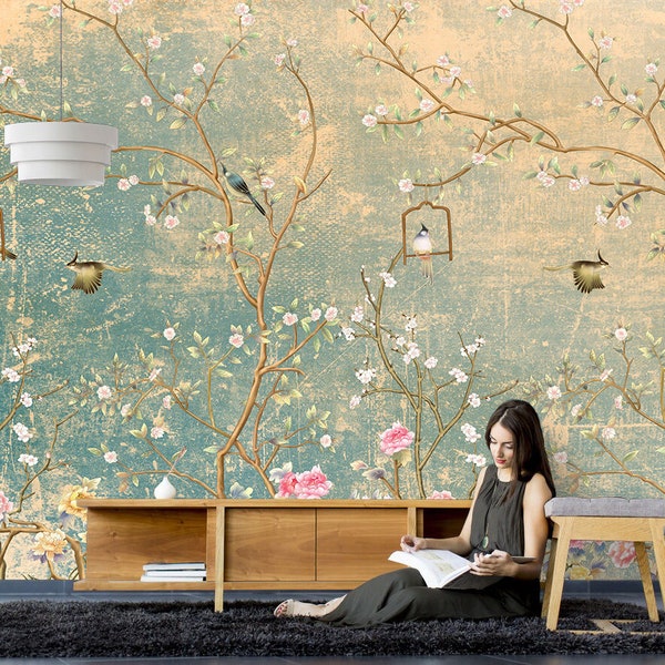 Chinoiserie Flowers Birds Wallpaper, Vintage Cherry Blossom Wall Mural