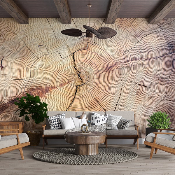 Tree Cut Ring Texture Wallpaper, Peel & Stick Circle Wood Mural Wallpaper, Removable Wooden Wall Art