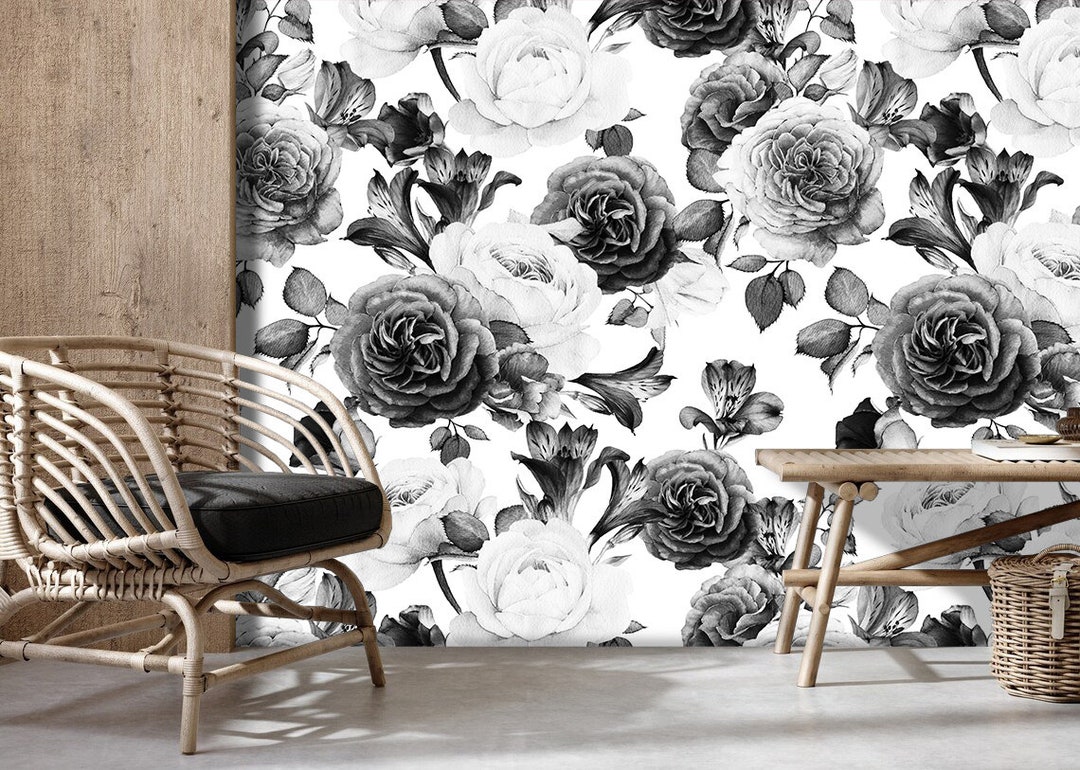 Buy Black and White Floral Wallpaper Big Peonies Wallpaper Online in India   Etsy