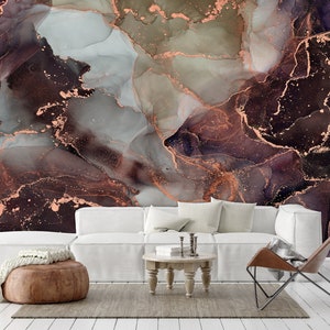 Burgundy & Gold Marble Wallpaper Peel Stick, Marble Look Wall Print, Living Room Wall Mural