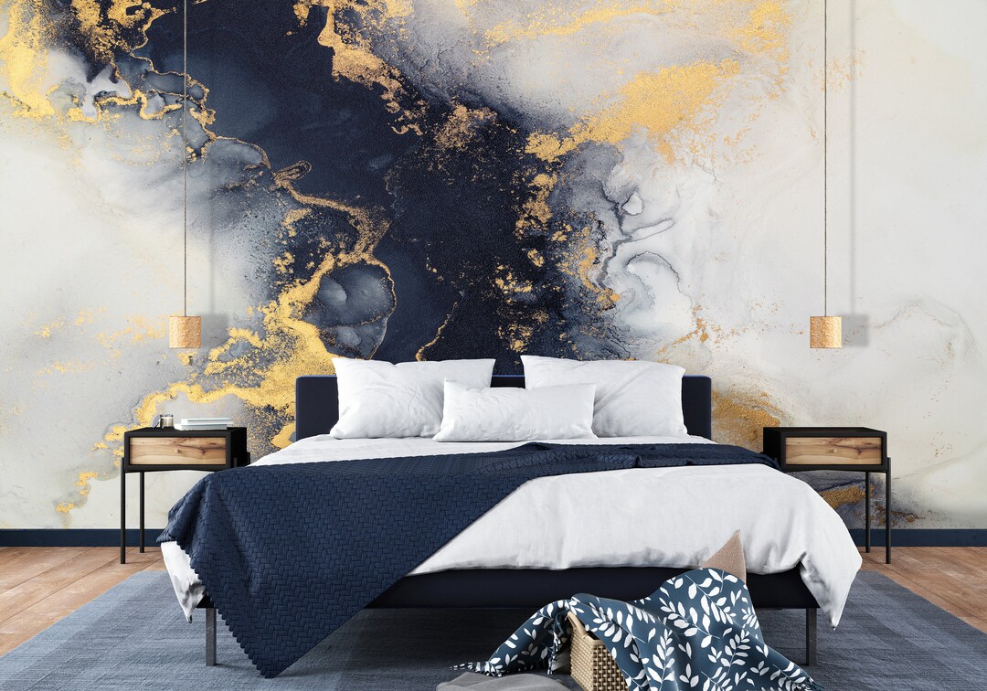 Navy Blue & Gold Marble Wallpaper Marble Pattern Abstract Art Etsy
