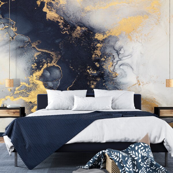 Navy Gold Wallpaper Etsy