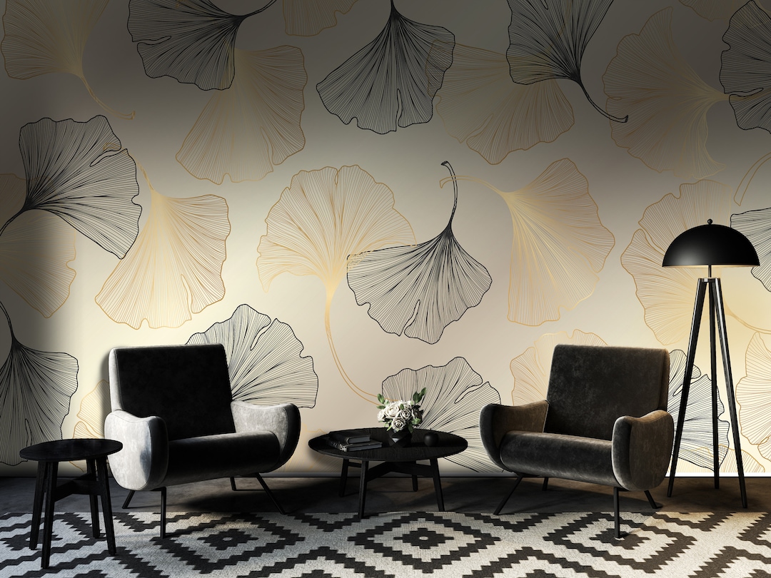 Ginkgo Leaf Wallpaper Luxury Gold Line Art Black and Gold Etsy UK