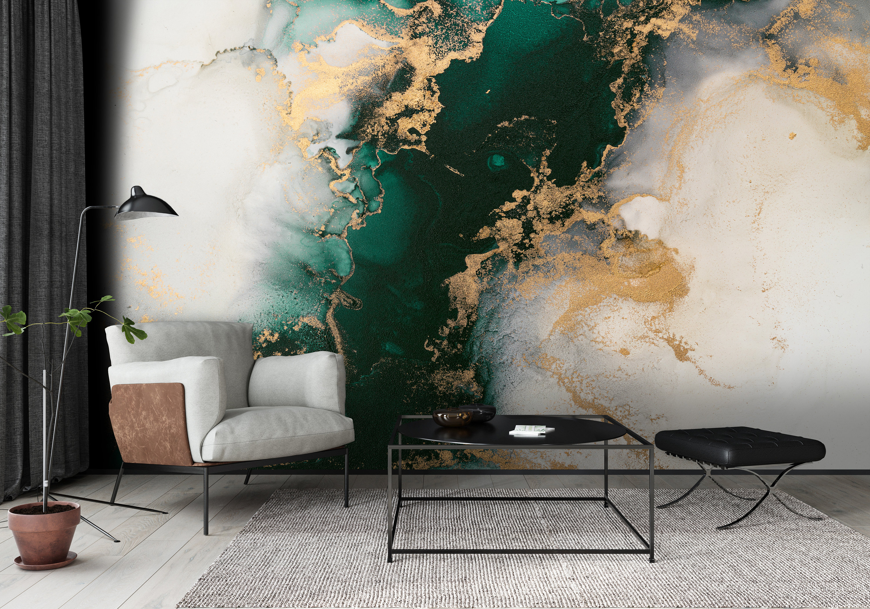 Green Gold Swirling Veins Marble Wallpaper Wall Mural Home Decor