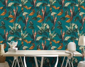 Tropical Forest Plants Wallpaper, Peel & Stick Vintage Botanical Wall Mural, Wild Ferns Wall Print