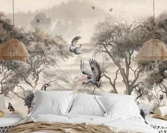 Vintage Crane Birds Wallpaer, Chinoiserie Forest Pattern Tree and Birds Wallpaper, Peel and Stick, Wallpaper