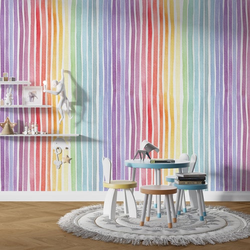 Kids Wallpaper Striped Rainbow Wallpaper Wall Mural Peel - Etsy Kids Wallpaper Striped Rainbow Wallpaper Wall Mural Peel - Etsy