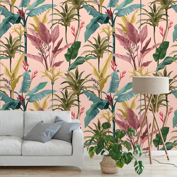 Pink Tropical Wallpaper, Large Botanical Wall Mural, Exotic Plant Wall Print