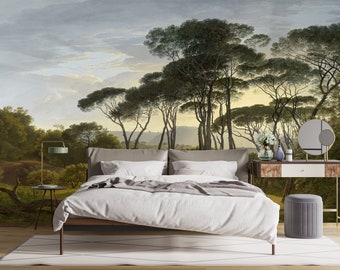 Oil Painting Landscape Mural Wallpaper, Natural Trees and Mountains Mural, Peel and Stick, Wallpaper, Wall Mural