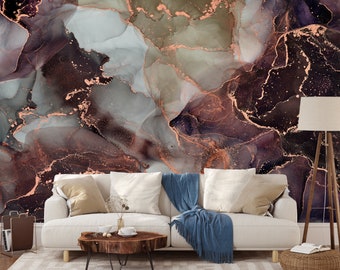 Burgundy & Gold Marble Wallpaper Peel Stick, Marble Look Wall Print, Living Room Wall Mural