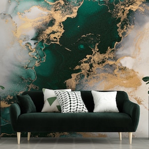 Green & Gold Marble Wallpaper, Marble Pattern Abstract Art Wall Mural,