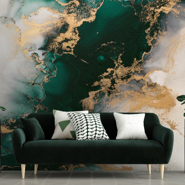 Green & Gold Marble Wallpaper, Marble Pattern Abstract Art Wall Mural,