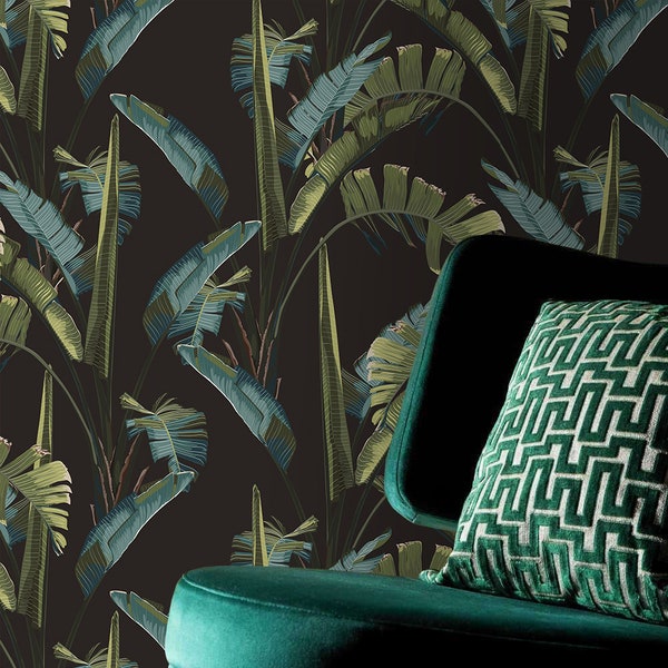 Dark Exotic Plants Wallpaper, Peel and Stick, Wall Mural, Tropical Design, Removable Wallpaper