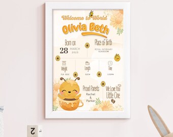 Honey Bee Baby Room Personalised Print, Honey Bee Baby Birth wall Decor, Bee Nursery wall artBirth Print