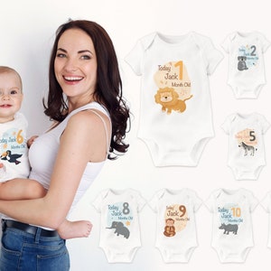 Animal Baby Monthly Milestone Personalised Bodysuits, Animal personalised baby bodysuit, Animal Theme baby vest milestone set