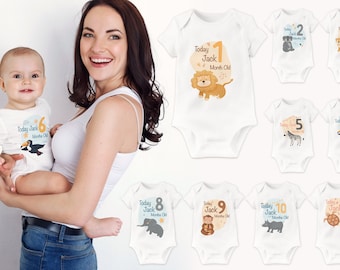 Animal Baby Monthly Milestone Personalised Bodysuits, Animal personalised baby bodysuit, Animal Theme baby vest milestone set