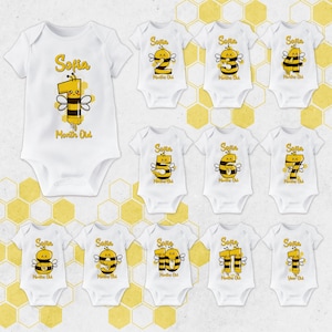 Body personalizado de abeja amarilla para hitos, hito mensual personalizado con nombre de abeja, crecimiento del nombre personalizado de abeja, body de abeja