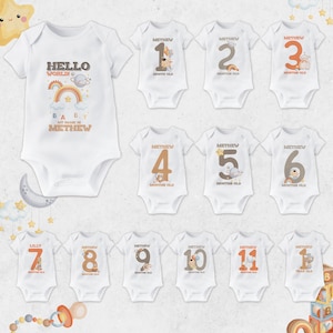 Bodys personalizados con hitos mensuales, body de bebé personalizado con nombre, conjunto de chaleco de bebé personalizado con nombre