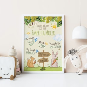 New Baby animal Stampa personalizzata per la baby room Statistiche di nascita animale Wall Art Stampato Room Decor Animal Nursery Wall Art Baby Name Poster