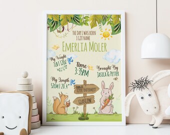 Personalized Baby Birth Stats Animal Print, Nursery Wall Art (PDF or Framed)