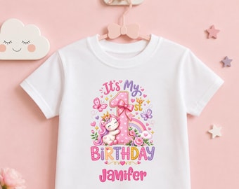 Camiseta personalizada de unicornio para el primer cumpleaños, conjunto para niña de un año, camiseta personalizada con nombre para el primer cumpleaños, top para fiesta de cumpleaños con tarta.