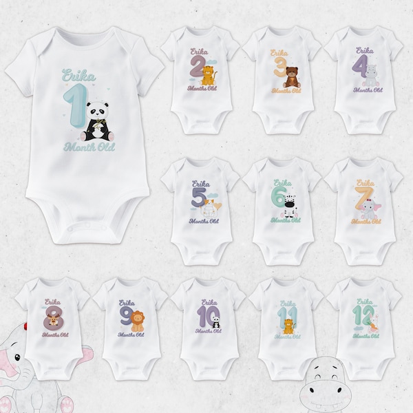 Niedlicher Tierbaby-monatlicher Meilenstein-personalisierter Bodysuit, Name personalisierter Tierbabybodysuit, Tierbabyweste mit monatlichem Meilenstein