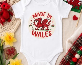 Body para bebé hecho en Gales, pelele con dragón galés, regalo para recién nacido de Gales, chaleco para bebé galés, conjunto tradicional para bebé niño o niña.