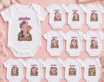 Conjunto de bodys para bebé niña para hitos mensuales / Conjunto rosa de safari en la jungla de 1 a 12 meses / Regalo para bebé de primer año / Conjunto de bodys de 12 piezas Baby Nimal