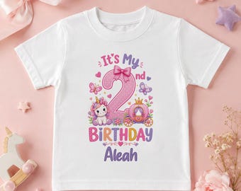 Camiseta personalizada para niña de 2º cumpleaños, Top de cumpleaños de princesa unicornio, Conjunto para el segundo cumpleaños de niña, Camiseta para niña de 2º cumpleaños