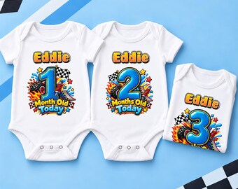Conjunto de body de bebé de 12 piezas con temática de carreras para el primer año de vida del niño.