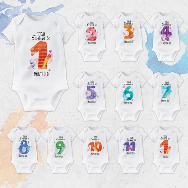 Aquarell Monatlicher Meilenstein Baby Bodysuit Set, Farb Bodysuit für Baby Monatlichen Geburtstag