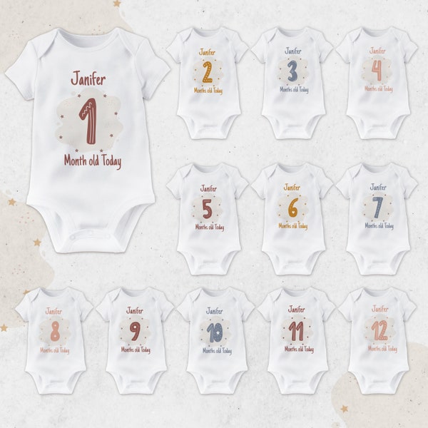 Cute number Milestone Bodysuit, Monthly  baby bodysuit, Name Personalised Baby Grows for each month, Personalised Monthly Milestone bodysuit