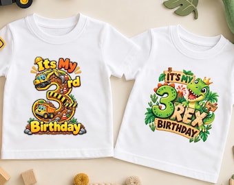 Camiseta personalizada para niño de 3 años, diseño de dinosaurio o camión de construcción, regalo de cumpleaños personalizado para niño pequeño de tres años.