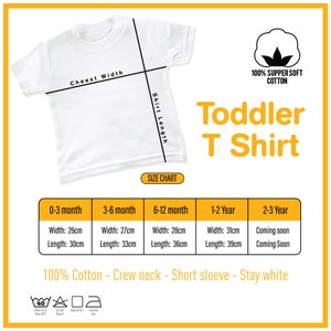 May include: Size chart for a toddler t-shirt made of 100% super soft cotton. The chart shows the width and length measurements in centimeters for sizes 0-3 months, 3-6 months, 6-12 months, 1-2 years, and 2-3 years. The t-shirt has a crew neck and short sleeves.