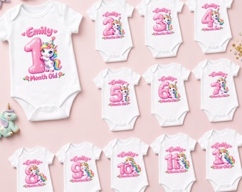 Conjunto personalizado de body de bebé unicornio para hitos mensuales, 12 piezas de chalecos para bebé niña de 1 a 12 meses, conjunto personalizado con nombre para la foto del primer año.