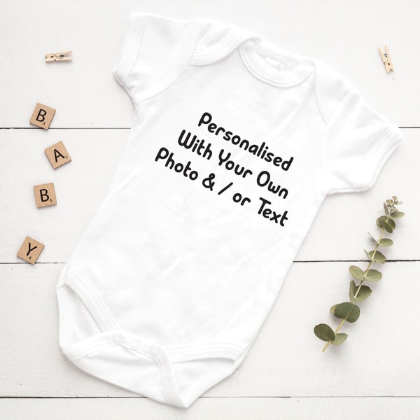 Body ou t-shirt personnalisé à personnaliser avec photo et/ou texte avec un choix de polices de caractères, t-shirt personnalisé pour bébé, cadeau body pour bébé