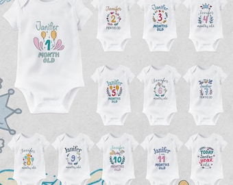 Cute Baby Monthly Milestone Personalised Bodysuits,  personalised baby bodysuit, Cute baby vest, Personalised name bodysuits milestone set