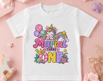 Camiseta personalizada para niña de primer cumpleaños, camiseta de unicornio para primer cumpleaños, conjunto de cumpleaños para bebé niña con nombre personalizado, camiseta estampada por delante y por detrás.