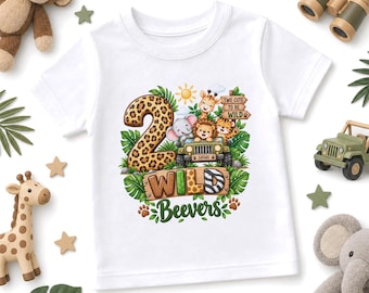 Camiseta personalizada de safari para el segundo cumpleaños, camiseta infantil "Two Cute to Be Wild", top de cumpleaños con animales de la jungla, regalo personalizado con nombre para niños de 2 años, segundo cumpleaños