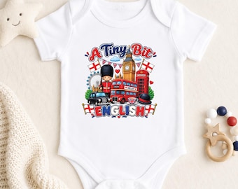 Body personalizado para bebé "A Tiny Bit English", pelele de bebé de Londres, Inglaterra, regalo británico personalizado para recién nacido, camiseta inglesa con nombre pequeño.