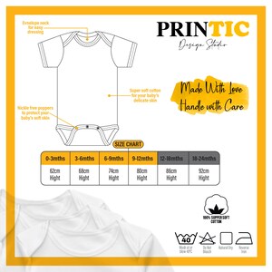 May include: White baby onesie with envelope neck and nickel-free poppers. Size chart included with measurements in inches.  Made with love, handle with care. 100% super soft cotton.  Washing instructions: wash at or below 40&deg;C, do not bleach, natural dry, reverse iron.