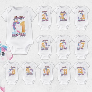 Conjunto de mono con diseño de unicornio Doodle Milestone, mono de bebé personalizado con nombre estilo unicornio para cumpleaños, regalo de unicornio para recién nacido