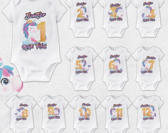 Unicorn  Doodle Milestone Bodysuit set, Unicorn style  Name Personalised Baby bodysuit for birthday, Newborn unicorn gift