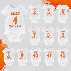 Cute letters Baby Monthly Milestone, blue personalised baby bodysuit, Orange baby vest milestone, Name personalised Milestone bodysuit set