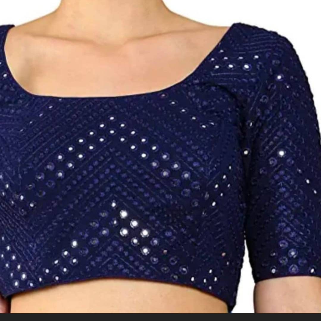 A Beautiful Blue Zigzag Pattern Blouse With Mirror Work, Party Wear Blouse,  Blouse for Lehnga, Handmade Saree Blouse, Boat neck Blouse.