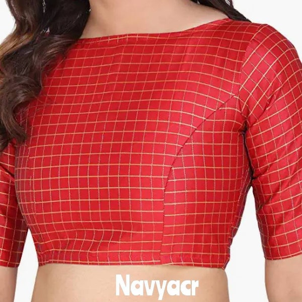 Chemisier fait main, chemisier rouge, chemisier sari rouge, chemisier sari indien, prêt-à-porter, chemisier manches coudes, chemisier sari rouge pour femme.