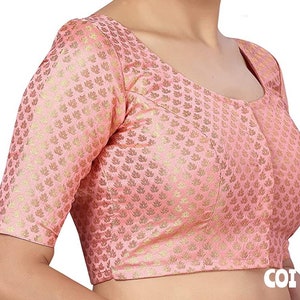 Baby Pink Brocade Silk Saree Blouse - Chanderi Silk made to order