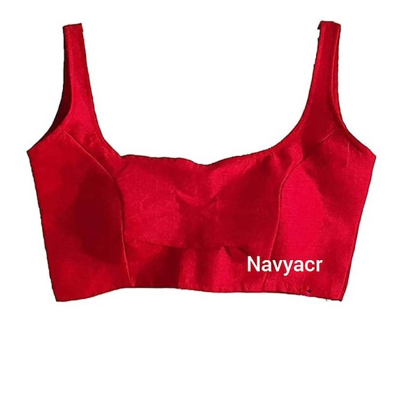 Chemisier en soie rouge et sans manches, chemisier sari rouge, chemisier coupe prince, chemisier pour tenue de soirée, col rond, chemisier prêt-à-porter, chemisier pour femme